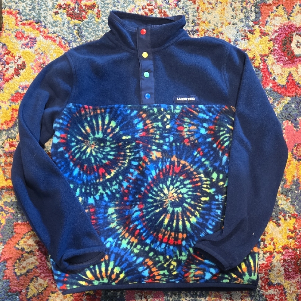 Lands End Blue 3/4 Fleece with Tie-Dye Accents